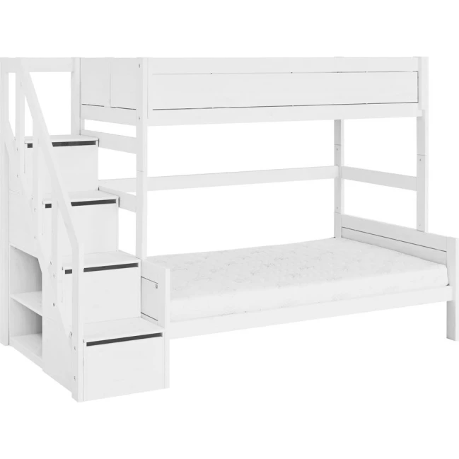 Lifetime Lit superposé Famille 90/120 avec escalier step et sommier Luxe, blanc