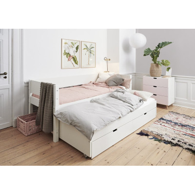 Manis-h LUNA Kinderbett 90x200 cm mit Ausziehbett und 2 Schubladen Snow white mit Buche Pfosten