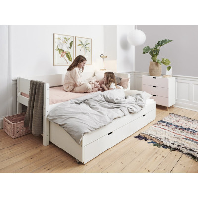 Manis-h LUNA Kinderbett 90x200 cm mit Ausziehbett und 2 Schubladen Snow white mit Buche Pfosten