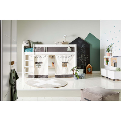 Chambre d’enfant Lifetime demi-hauteur Cactus, lit 90x200 avec échelle inclinée et rideau de jeu, cadre à lattes de rouleau blan