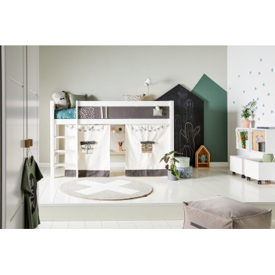 Chambre d’enfant Lifetime demi-hauteur Cactus, lit 90x200 avec échelle en pente et rideau de jeu, cadre à lattes de luxe blanc