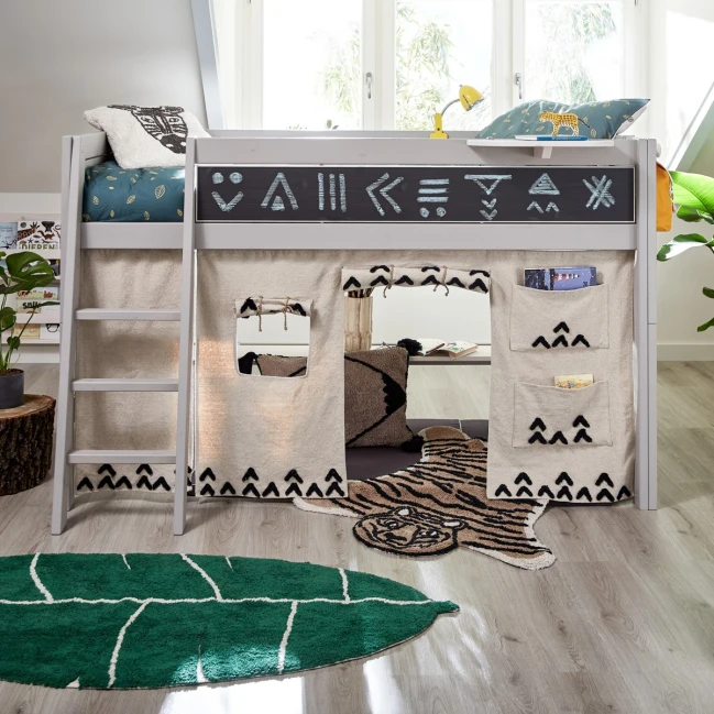 Lifetime half-height bed, chalkboard rolling floor whitewash