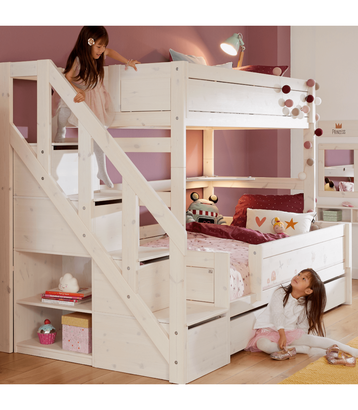 Lifetime Kidsrooms Family letto a castello 90/120 con scala KOMBO 1 e  Deluxe Slatted Frame Whitewash