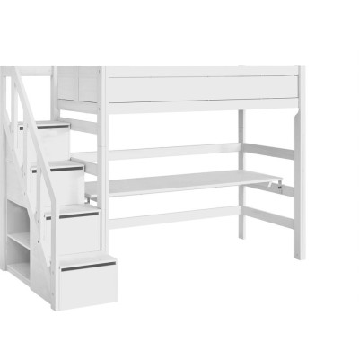 Lit mezzanine Lifetime Kombi 1 avec escaliers, tiroirs et plancher à rouleaux blanc