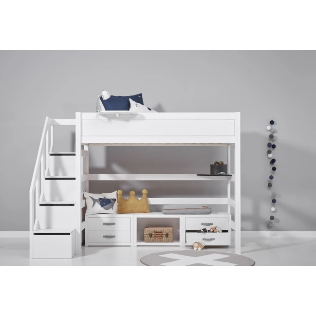 Lit mezzanine Lifetime Kombi 1 avec escaliers, tiroirs et plancher à rouleaux blanc