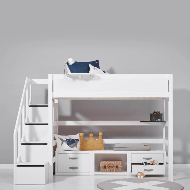 Lit mezzanine Lifetime Kombi 1 avec escaliers, tiroirs et plancher à rouleaux blanc
