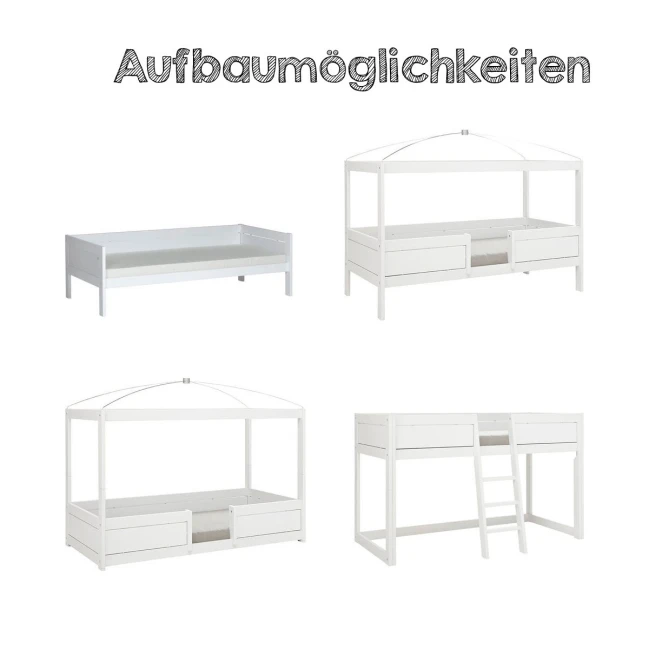 Combinazione di letto 4 in 1 Lifetime con tetto in tessuto dino e parete posteriore con cornice a doghe deluxe imbiancata