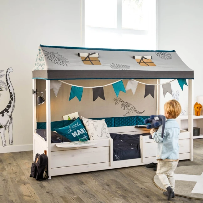 Lifetime 4 in 1 bed combination with fabric roof dino and back wall with deluxe slatted frame whitewash