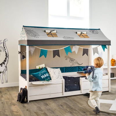 Lifetime 4 in 1 bed combination with fabric roof Dino and back wall with deluxe slatted frame white