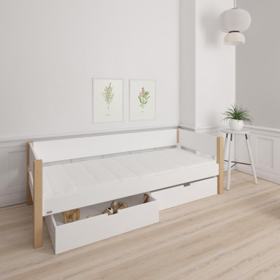 Manis-h SIF cot 90x200 cm with fall protection and 2 drawers Snow white with beech post