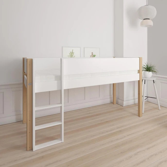 Manis-h Lit mi-hauteur FREJ 90 x 200 cm avec protection contre les chutes Blanche-Neige avec poteau en hêtre