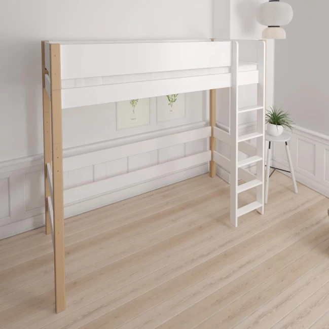 Manis-h letto a soppalco GEFION 90 x 200 cm, con struttura a doghe Biancaneve con montante in faggio