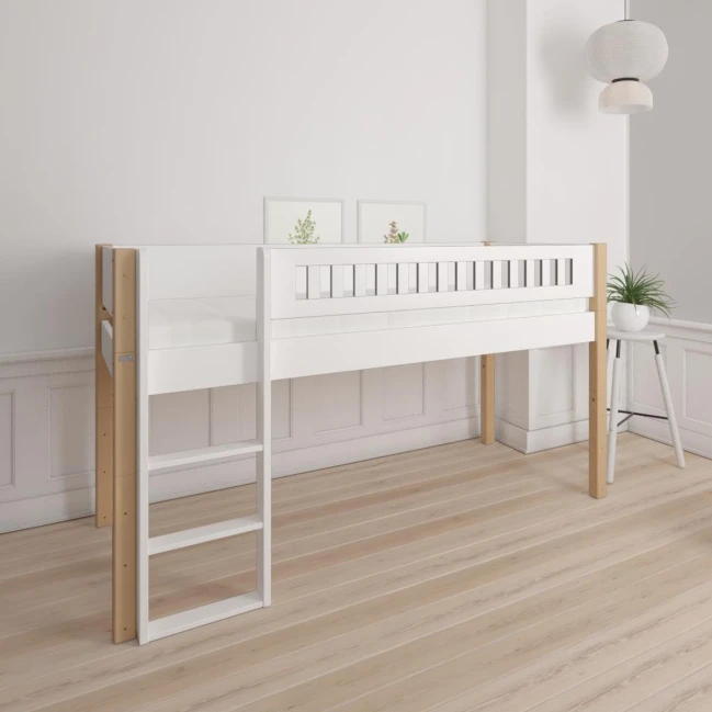 Manis-h Half-height cot FREJ KOMBO 1 90 x 200 cm with curtain Snow white and beech post