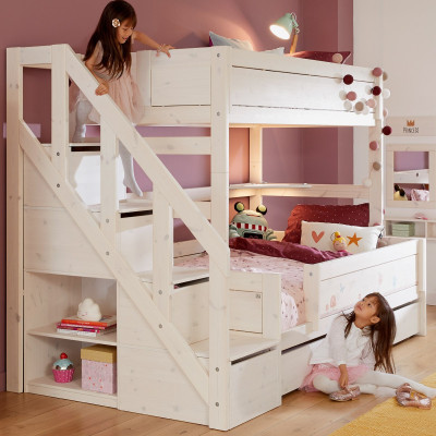 Lifetime Kidsrooms lit superposé Famille 120/140x200 avec escalier et cadre à lattes de luxe Blanc