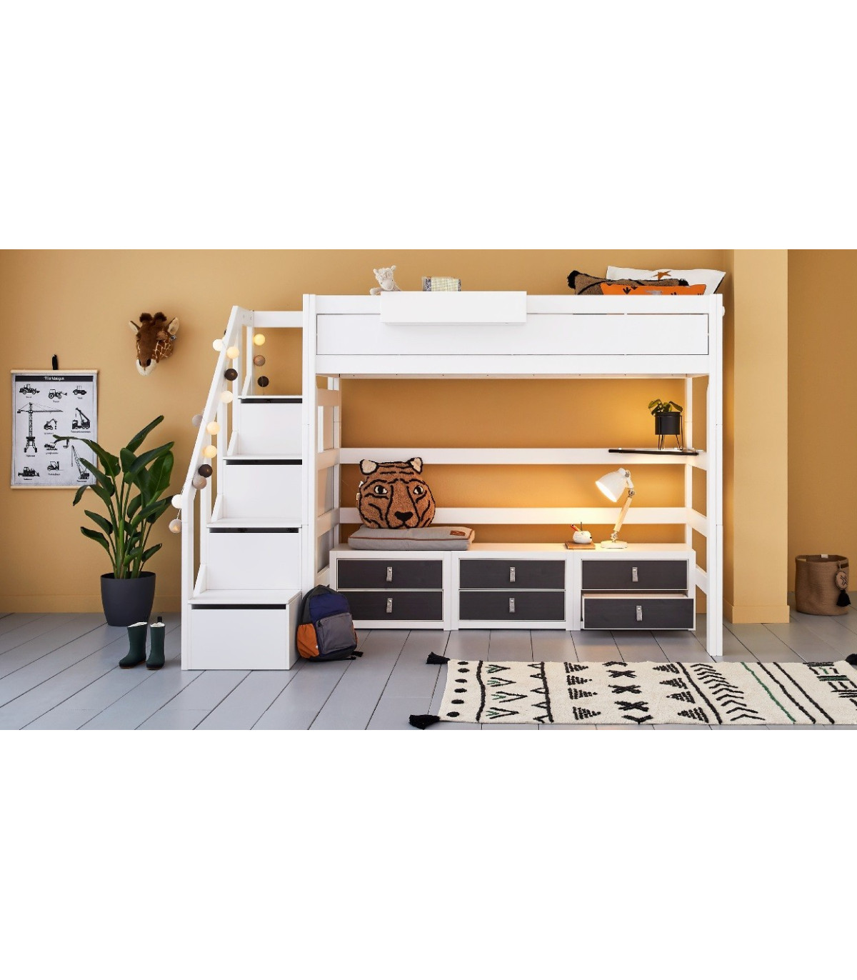 Lifetime loft bed with stairs, drawers and deluxe slatted frame white