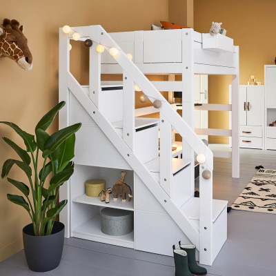 Lit mezzanine Lifetime avec escaliers, tiroirs et cadre à lattes de luxe blanc