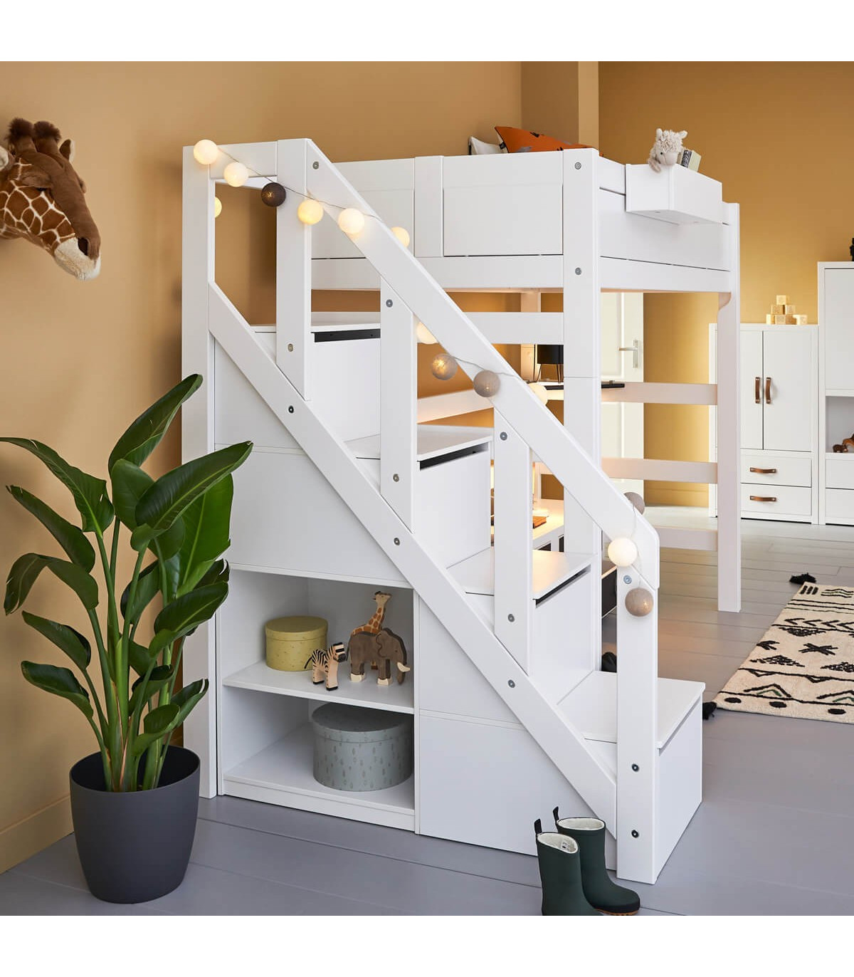 Lifetime loft bed with stairs, drawers and deluxe slatted frame white