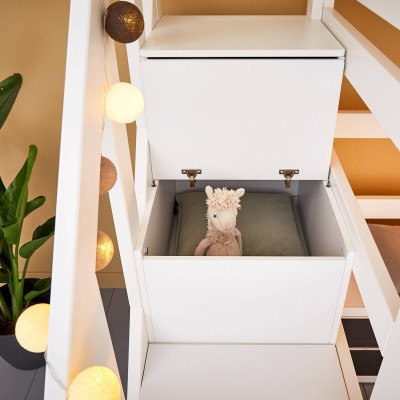 Lit mezzanine Lifetime avec escaliers, tiroirs et cadre à lattes de luxe blanc