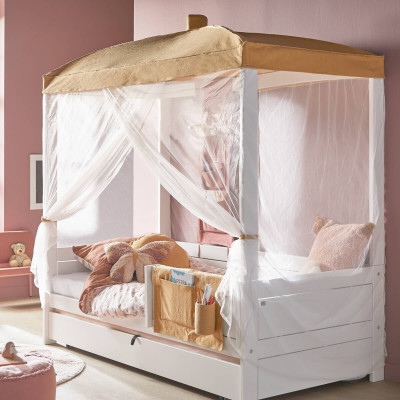 Lifetime four-poster bed with guest bed and deluxe slatted frame white - Honey Glow
