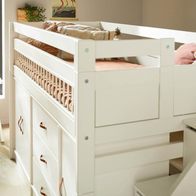 Lifetime All-In-One half-high bed with deluxe slatted base and storage space, whitewash