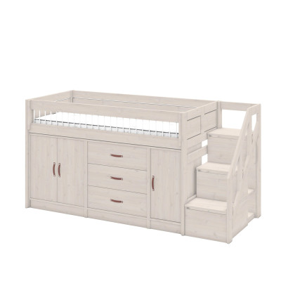 Lifetime All-In-One half-high bed with deluxe slatted base and storage space, whitewash