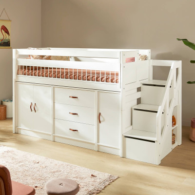 Lifetime Halbhohes Bett All-In-One mit Rollboden und Stauraum whitewash