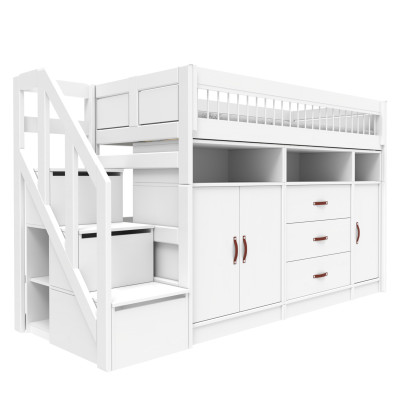 Lifetime lit mezzanine bas ALL-IN-ONE avec escabeau 152 cm, sommier standard blanc