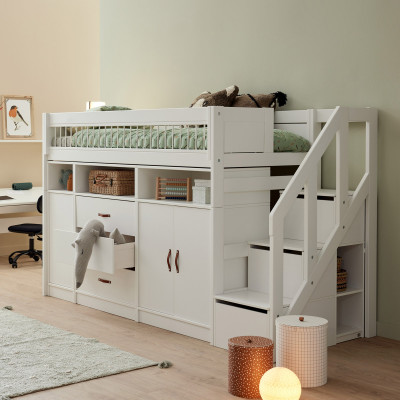 Lifetime All-in-one low loft bed with stepladder 152 cm, slatted base deluxe whitewash