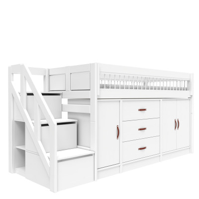 Lifetime lit semi-haut ALL-IN-ONE avec escabeau 128 cm, Breeze sommier deluxe blanc