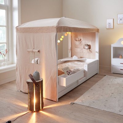 Lifetime four-poster bed 4 in 1 with sky Fairy Dust, 90x200 cm, Incl. roll slatted frame whitewash