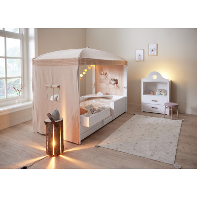 Lifetime four-poster bed 4 in 1 with sky Fairy Dust, 90x200 cm, Incl. roll slatted frame whitewash