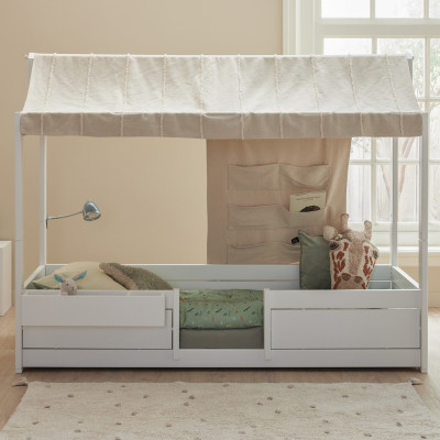 Combinazione di letto 4 in 1 Lifetime con tetto in tessuto Wild Life con cornice a doghe deluxe imbiancata