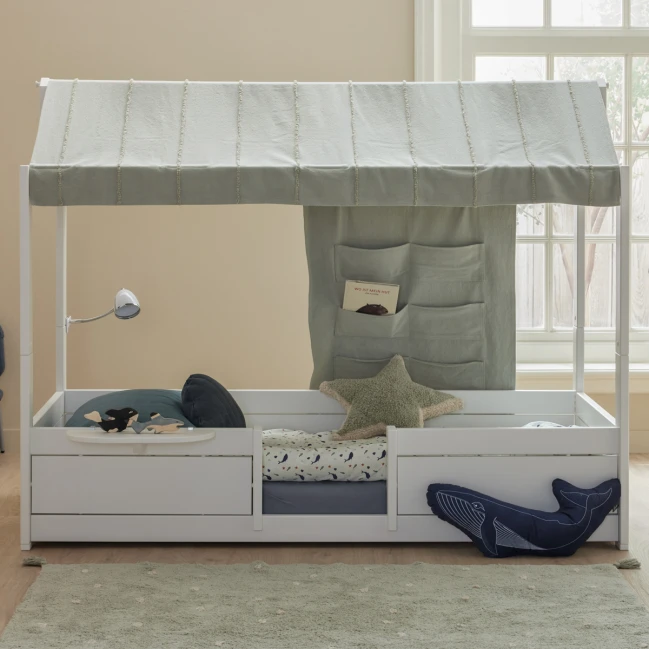 Combinazione di letto 4 in 1 Lifetime con tetto in tessuto Wild Life con cornice a doghe deluxe imbiancata