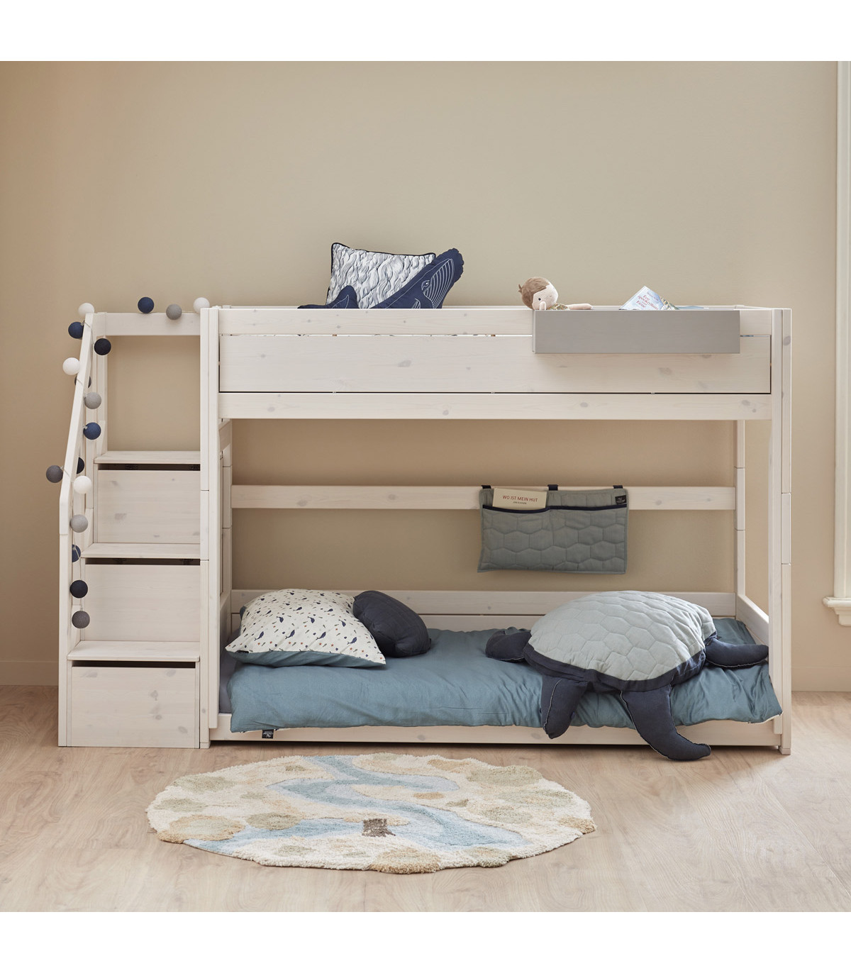 Letto per bambini 90*200 cm, letto a castello basso con scala di sicurezza,  bianco