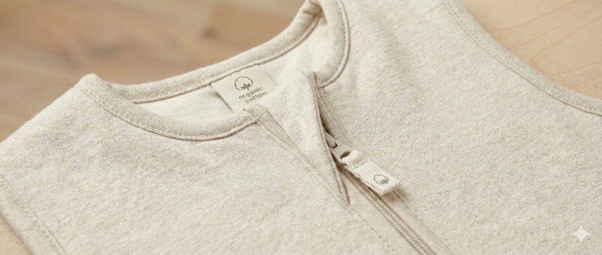 Detail eines Babyschlafsacks mit Fokus auf Halsausschnitt