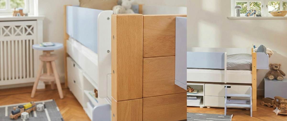 Detailaufnahme der massiven Buche-Pfosten eines Manis-h Betts