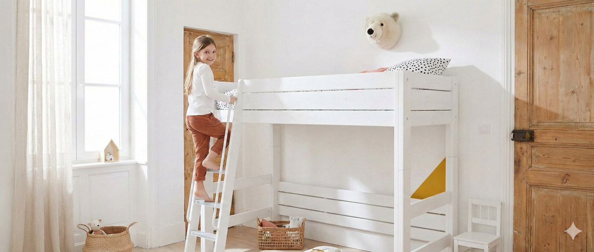 Detail einer stabilen Treppe am Etagenbett mit Stauraum