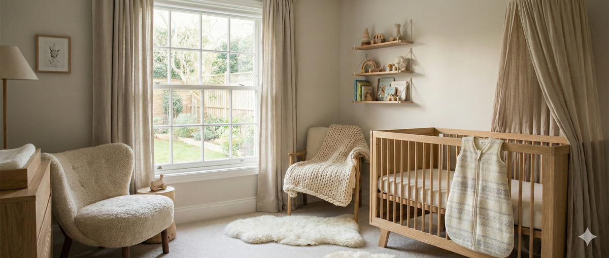 Sicher eingerichtetes Babyzimmer mit Fokus auf das Kinderbett