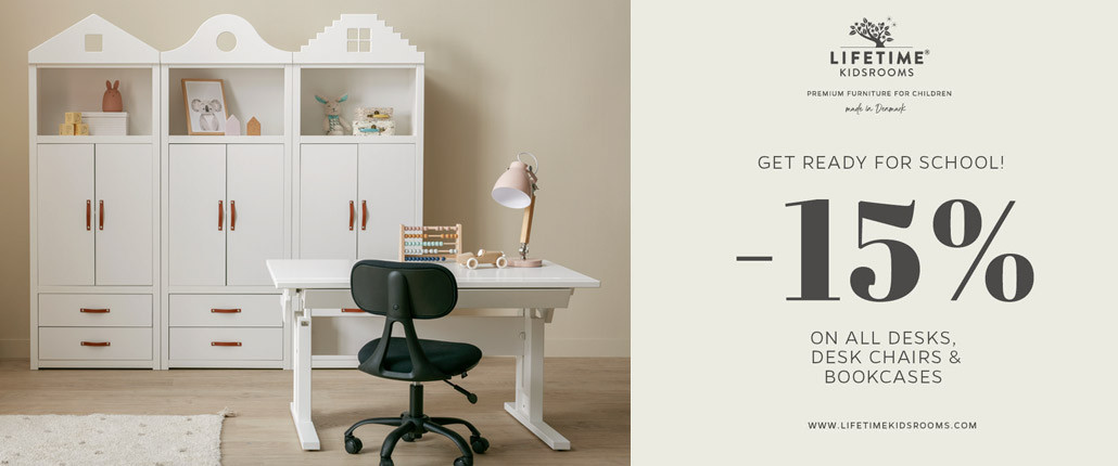 Lifetime back-to-school promotion 2025 with 15% discount on desks, desk chairs and bookshelves. From 07.06.- 06.07.2025