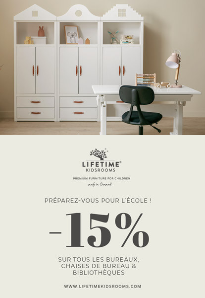 Promotion de rentrée scolaire Lifetime 2025 avec 15% de réduction sur les bureaux, les chaises de bureau et les bibliothèques. Du 07.06.- 06.07.2025