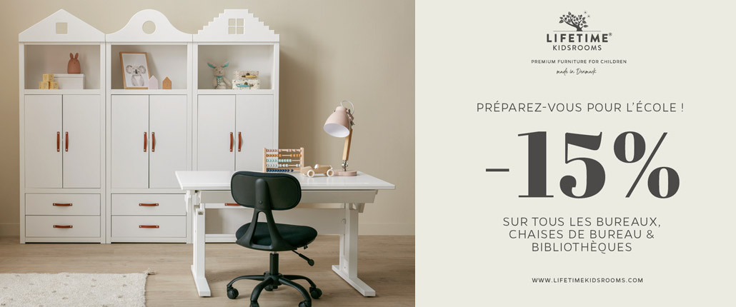 Promotion de rentrée scolaire Lifetime 2025 avec 15% de réduction sur les bureaux, les chaises de bureau et les bibliothèques. Du 07.06.- 06.07.2025