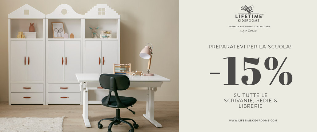 Promozione back-to-school 2025 a vita con sconto del 15% su scrivanie, sedie da scrivania e librerie. Dal 07.06.- 06.07.2025