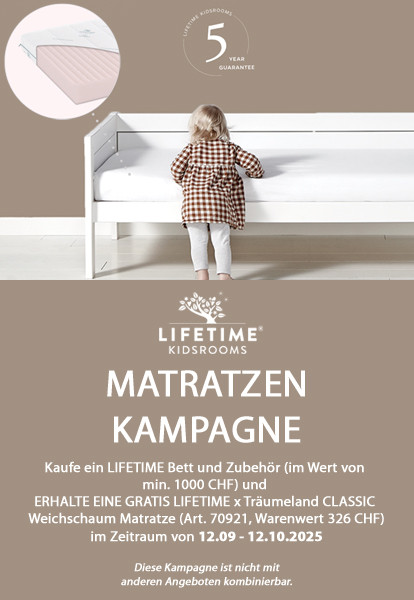 Lifetime Matratzen-Aktion 2025 - Kaufe ein LIFETIME Bett und Zubehör (im Wert von   min. 1000 CHF) und   ERHALTE EINE GRATIS LIFETIME x Träumeland CLASSIC   Weichschaum Matratze (Art. 70921, Warenwert 326 CHF)  im Zeitraum von 12.09 - 12.10.2025