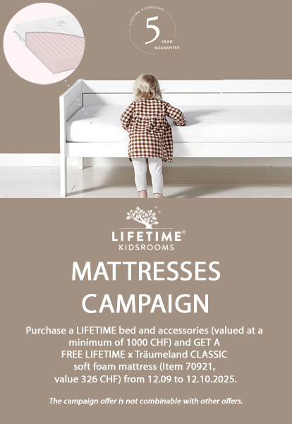 Lifetime Mattress Promotion 2025 - Purchase a LIFETIME bed and accessories (valued at a minimum of 1000 CHF) and GET A FREE LIFETIME x Träumeland CLASSIC soft foam mattress (Item 70921, value 326 CHF) from 12.09 to 12.10.2025.